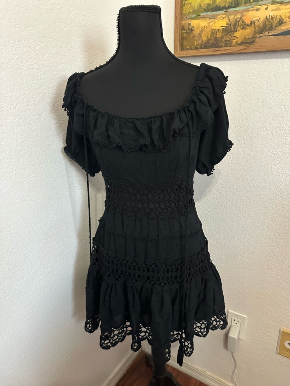 Free People Cruel Intentions Black Off-Shoulder Crochet Waist Mini Dress - Sz 6 - Picture 9 of 11